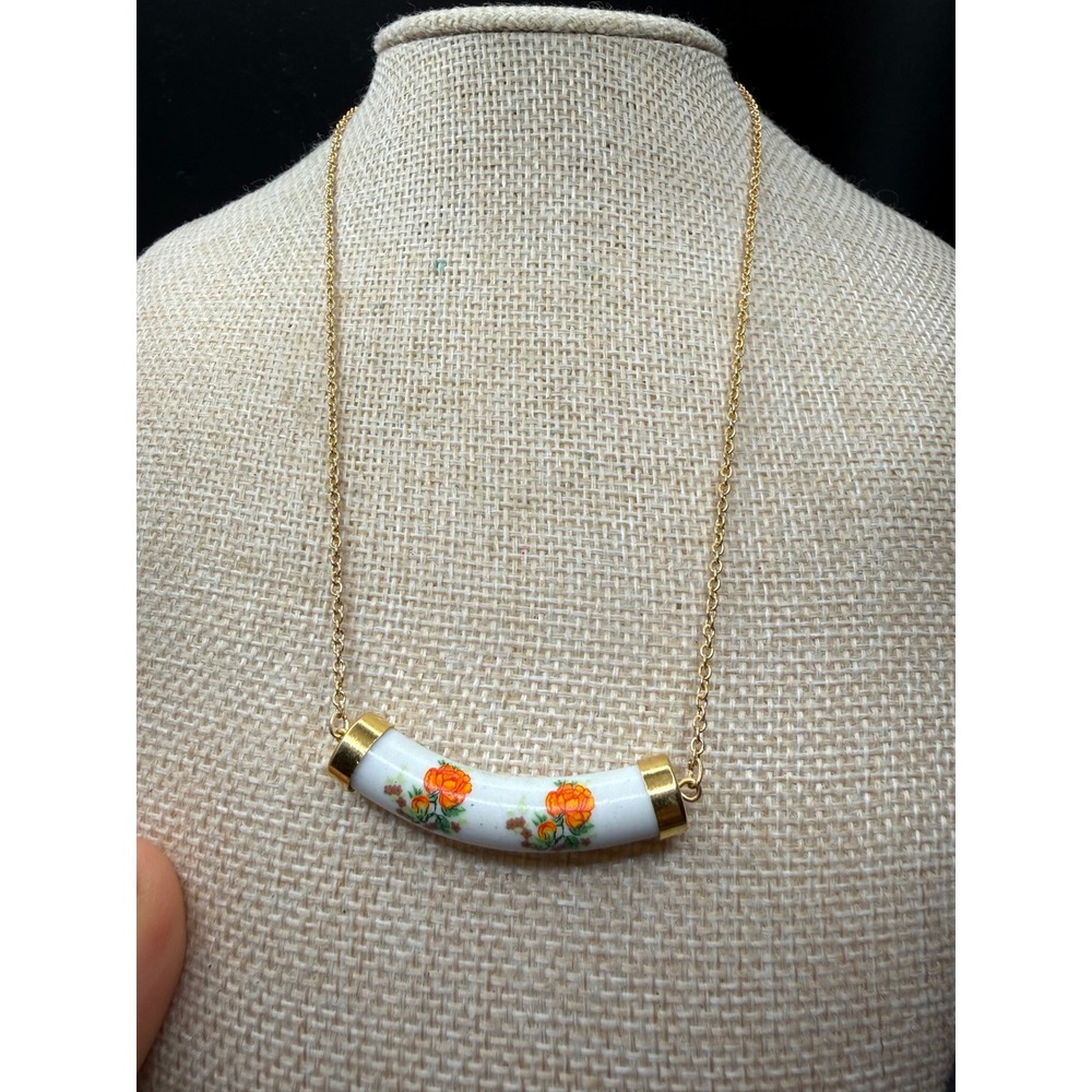 Vintage Floral Ceramic Tube Pendant Necklace Gold Tone Chain Orange Rose 18 Inch
